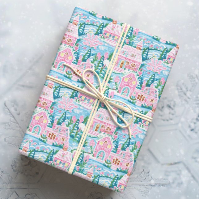 Snowy Pink und Blue Christmas Gingerbrett Stadt Geschenkpapier (Von Creator hochgeladen)