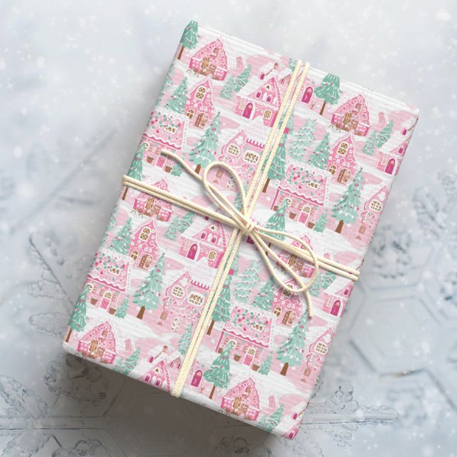 Snowy Pink und Green Christmas Gingerbrett Stadt Geschenkpapier (Von Creator hochgeladen)