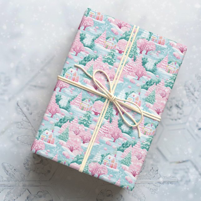 Snowy Pink Weihnachtshäuser Geschenkpapier (Von Creator hochgeladen)