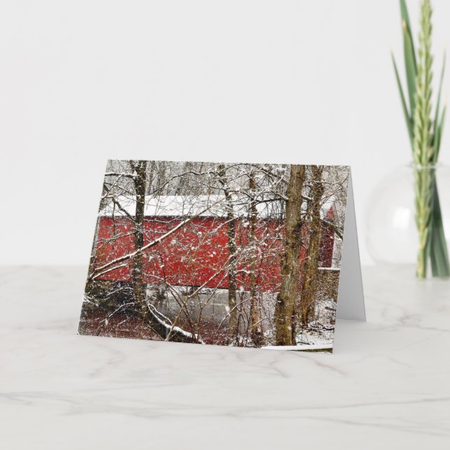 Snowy Red Ashland Covered Bridge in Delaware Dankeskarte (Vorderseite)