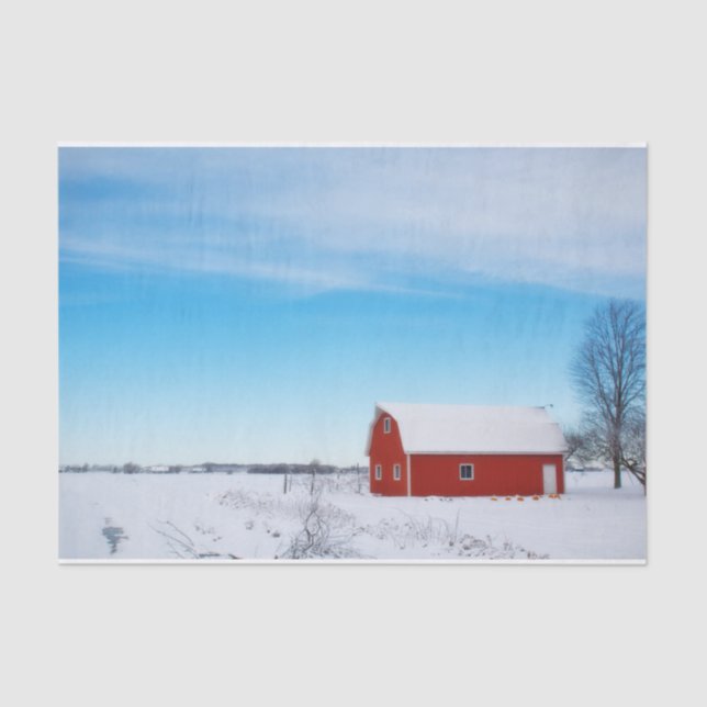 Snowy Red Barn Under a Crystal Blue Sky Seidenpapier (Vorderseite)