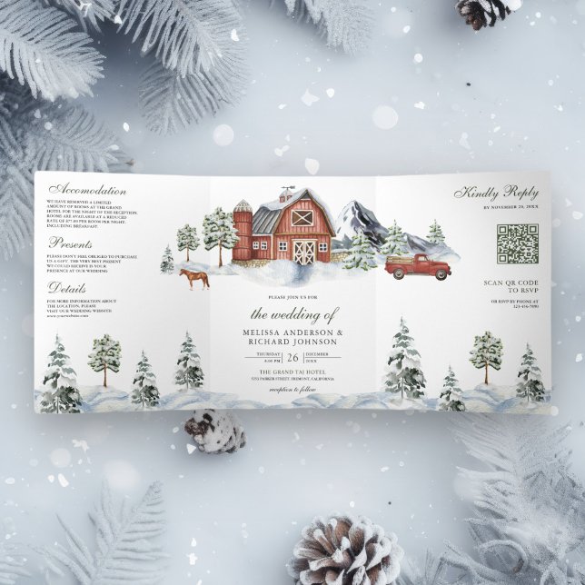 Snowy Red Barn Winter Weihnachten QR Code Hochzeit Dreifach Gefaltete Einladung (Von Creator hochgeladen)