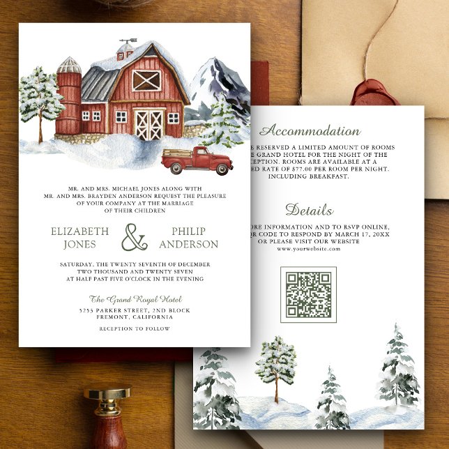 Snowy Red Barn Winter Weihnachten QR Code Hochzeit Einladung (Von Creator hochgeladen)