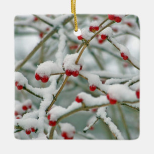 Snowy Red Berries Winter Scene Keramikornament