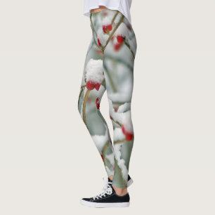 Snowy Red Berries Winter Scene Leggings