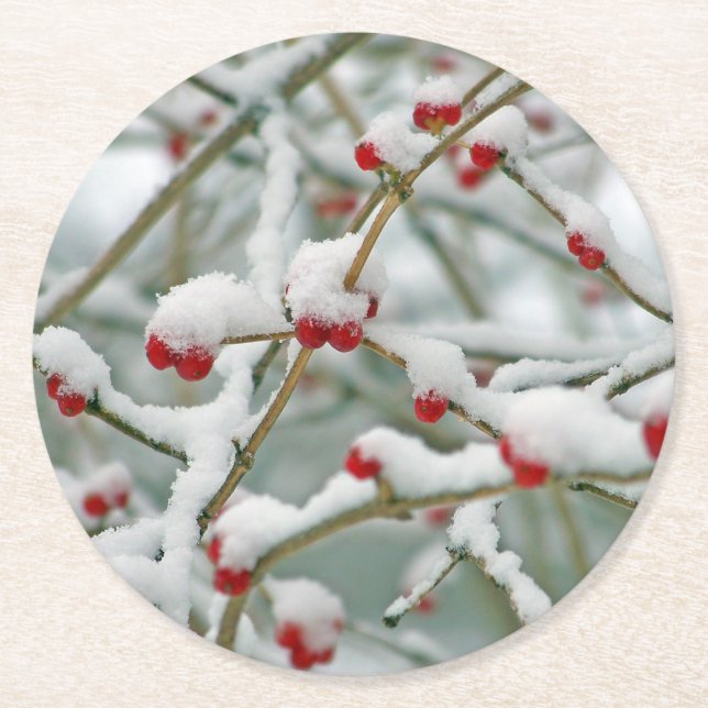 Snowy Red Berries Winter Scene Runder Pappuntersetzer (Vorderseite)