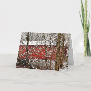 Snowy red covered bridge holiday greeting card karte