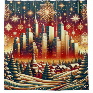"Snowy Red Gold und Green Christmas Cityscape" Duschvorhang