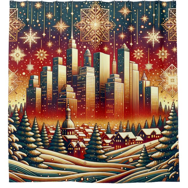 "Snowy Red Gold und Green Christmas Cityscape" Duschvorhang (Vorderseite)