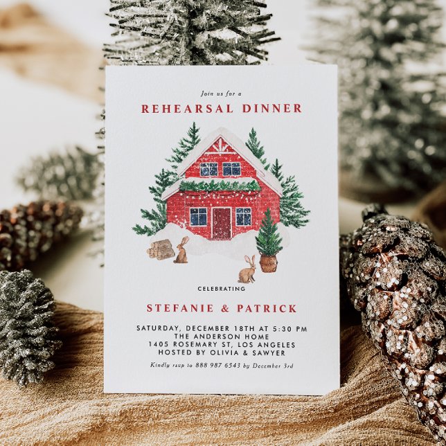 Snowy Red Hütte Forest Winter Probe Dinner Einladung (This rehearsal dinner invitation features a peaceful winter scene with a watercolor red cottage.)