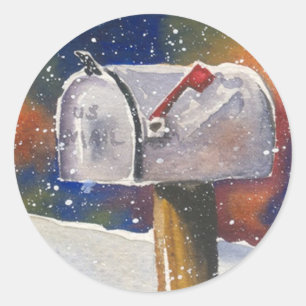 Snowy Rural Mailbox Runder Aufkleber