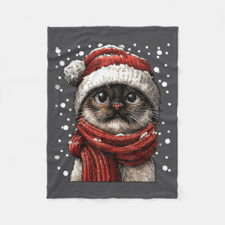 Snowy Siamese Cat With Snow Santa Hat Winter Chris Fleecedecke