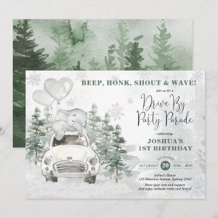 Snowy Silver Winter Elephant Drive by Birthday Einladung