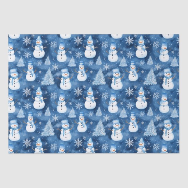 Snowy Snowmen Blue Winter Weihnachtsmuster Seidenpapier (Vorderseite)