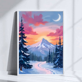 Snowy Summit Sunset | Winter Landscape Painting Poster