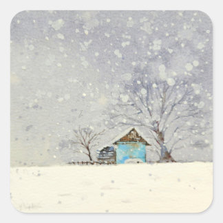 Snowy-Szene Aquarellaufkleber Quadratischer Aufkleber