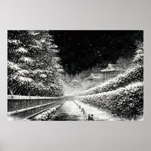 Snowy Temple Path at Night – Japanese Zen Wall Art Poster (Vorne)