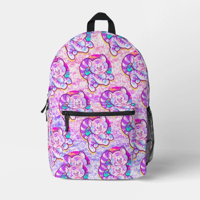 Snowy Tiger Niedlich Neon Kidcore Bedruckter Rucksack (Vorderseite)