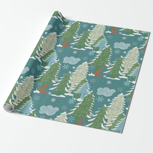 Snowy Trees Red Fox Wrapping Paper Geschenkpapier (Ungerollt)