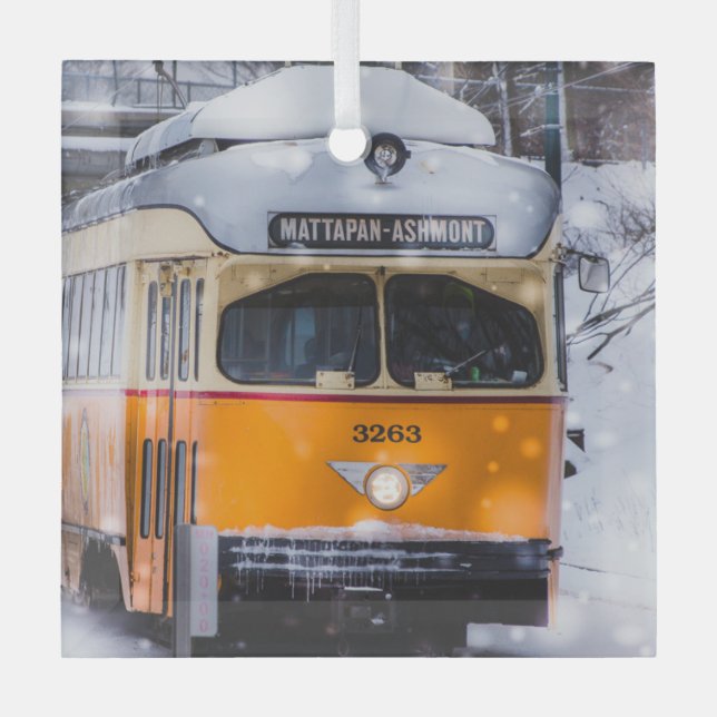 Snowy Trolley Ride Glasschmuck Ornament Aus Glas (Vorderseite)