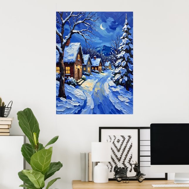 Snowy Village at Night Poster (Heimbüro)