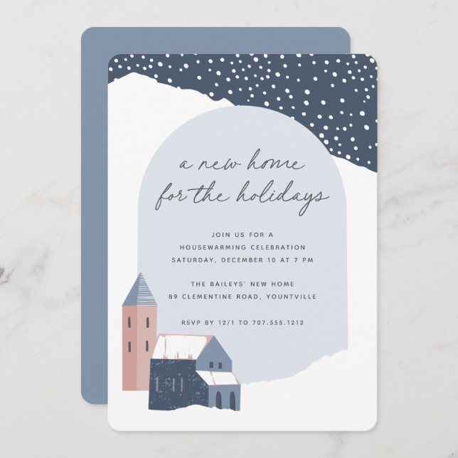 Snowy Village Holiday Housewarming Party Einladung (Vorne/Hinten)