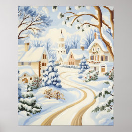 Snowy Village Path mit charmanten Hütten Poster