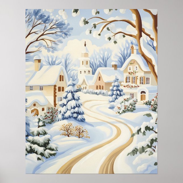 Snowy Village Path mit charmanten Hütten Poster (Vorne)