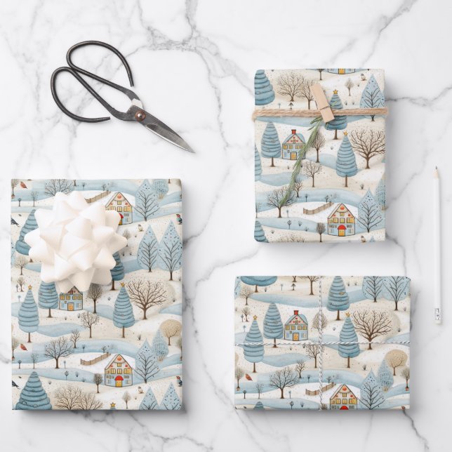 Snowy Village Scene Geschenkpapier Set (Vorderseite)