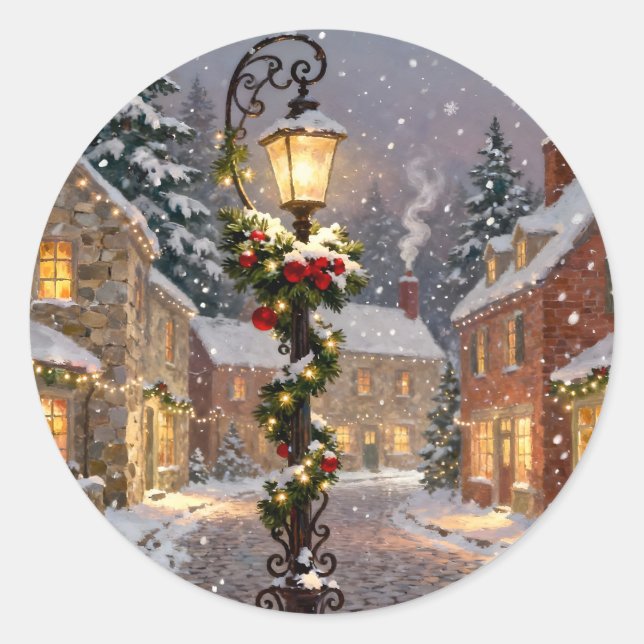 Snowy Village Scene with Lamppost Sticker (Vorderseite)