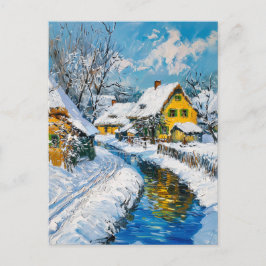 Snowy Village with Stream and Trees Fantasy Painti Postkarte