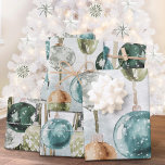 Snowy Vintage Hanging Green Glass Ornaments Geschenkpapier Set<br><div class="desc">A holiday wrapping paper featuring watercolor painted hanging vintage glass ornaments on silk ribbon against a blustering winter woodland background.</div>