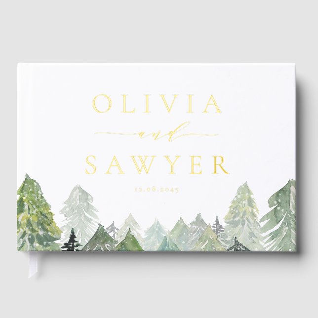 Snowy Watercolor Evergreen Forest Winter Wedding Gästebuch (Vorderseite)