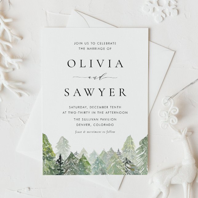 Snowy Watercolor Evergreen Winter Wedding QR Code Einladung (QR code winter wedding invitation featuring watercolor evergreens and falling snow.)