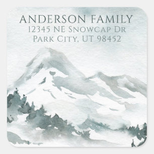 Snowy Watercolor Mountain Kleine Rücksendeadresse Quadratischer Aufkleber