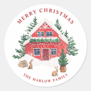 Snowy Watercolor Rote Hütte Frohe Weihnachten Runder Aufkleber