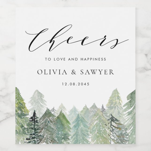 Snowy Watercolor Winter Evergreen Forest Wedding Weinetikett (Einzelnes Label)