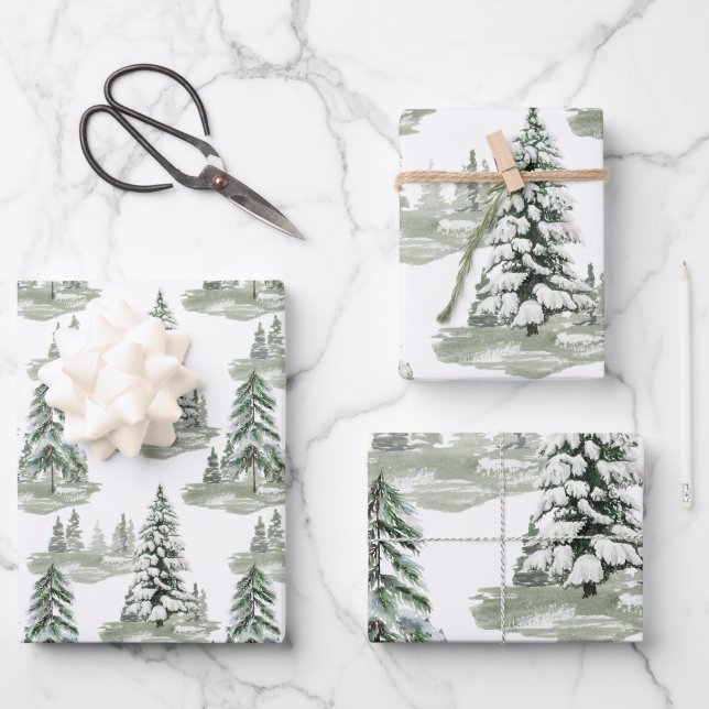 Snowy Watercolor Winterwald Bäume Geschenkpapier Set (Vorderseite)