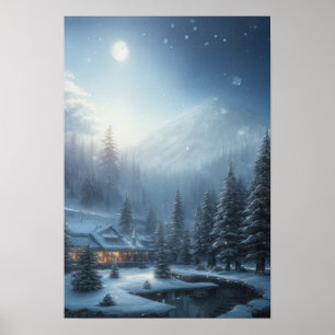 Snowy Winter Abend, ein gemütliches Haus im Wald Poster