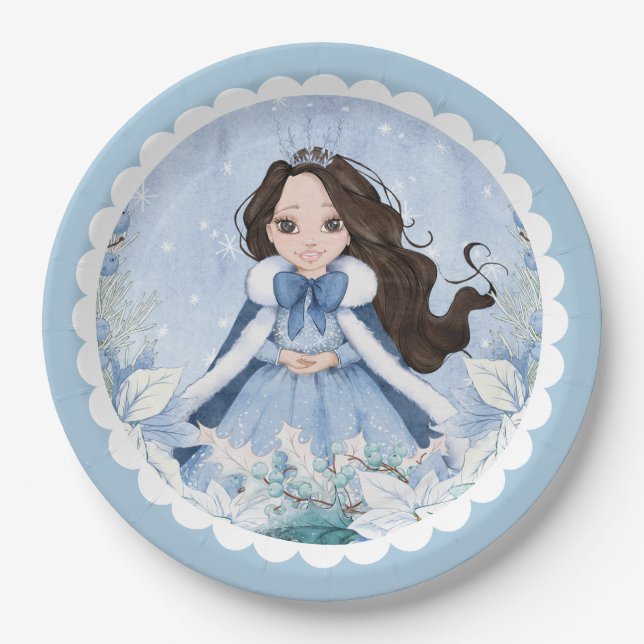 Snowy Winter Black Haired Princess Birthday Pappteller (Vorderseite)