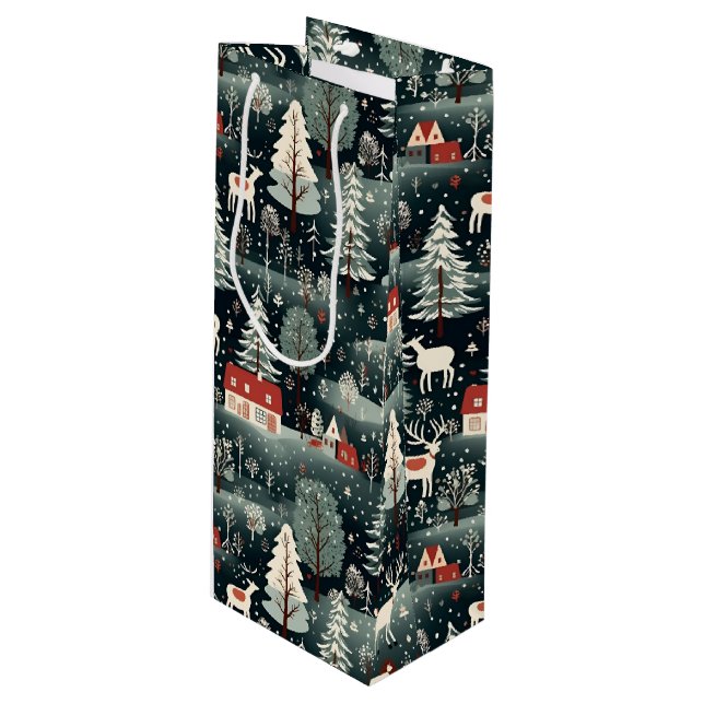 Snowy Winter Farmhouse  Geschenktüte Für Weinflaschen (Vorderseite Schrägansicht)