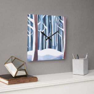 Snowy Winter Forest   Moderne, einfache Wasserfarb Quadratische Wanduhr