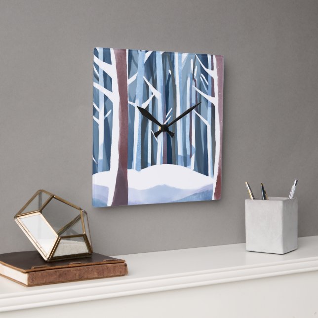 Snowy Winter Forest | Moderne, einfache Wasserfarb Quadratische Wanduhr (Büro)
