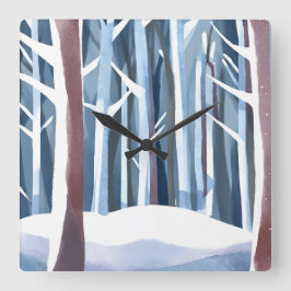 Snowy Winter Forest | Moderne, einfache Wasserfarb Quadratische Wanduhr