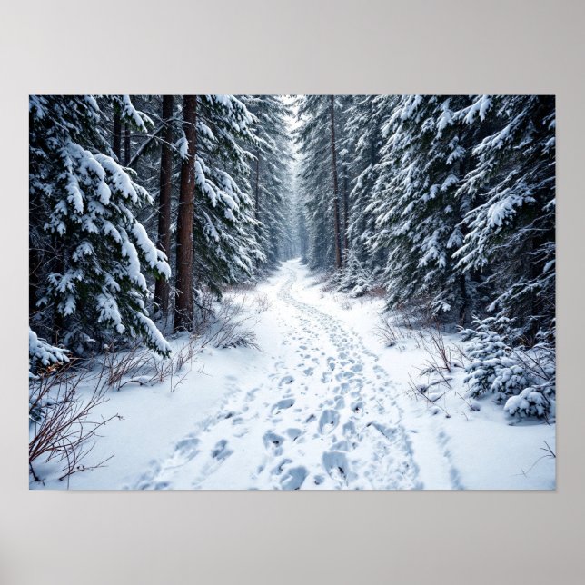 Snowy Winter Forest Path With Footprints Hiking Poster (Vorne)