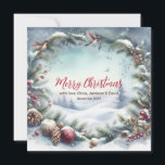 Snowy Winter Frame Christmas Feiertagskarte<br><div class="desc">Das Bild zeigt einen schneebedeckten Hintergrund mit Bäumen,  einem Weihnachtskranz,  fliegenden Vögeln,  Ziergegenständen und Kiefernzweigen.</div>