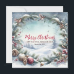 Snowy Winter Frame Christmas Feiertagskarte<br><div class="desc">Das Bild zeigt einen schneebedeckten Hintergrund mit Bäumen,  einem Weihnachtskranz,  fliegenden Vögeln,  Ziergegenständen und Kiefernzweigen.</div>