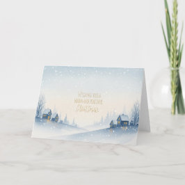 Snowy Winter Hillside Village with Warm Christmas Feiertagskarte