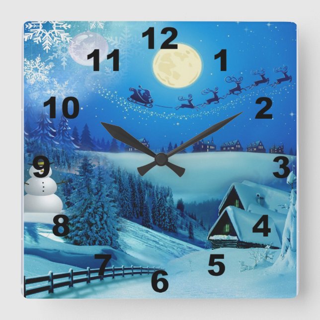 Snowy Winter Holiday Fantasy Quadratische Wanduhr (Vorderseite)