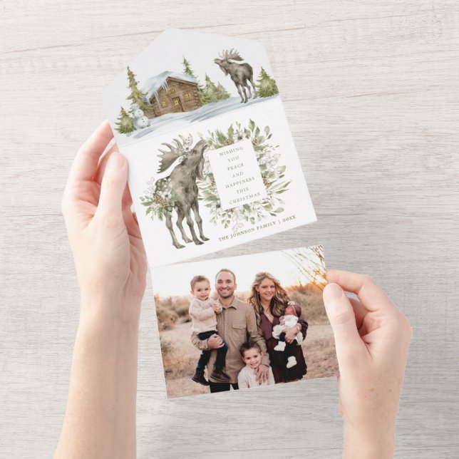 Snowy Winter House mit Elch | Weihnachtskarte für  All In One Einladung (Abreißen)